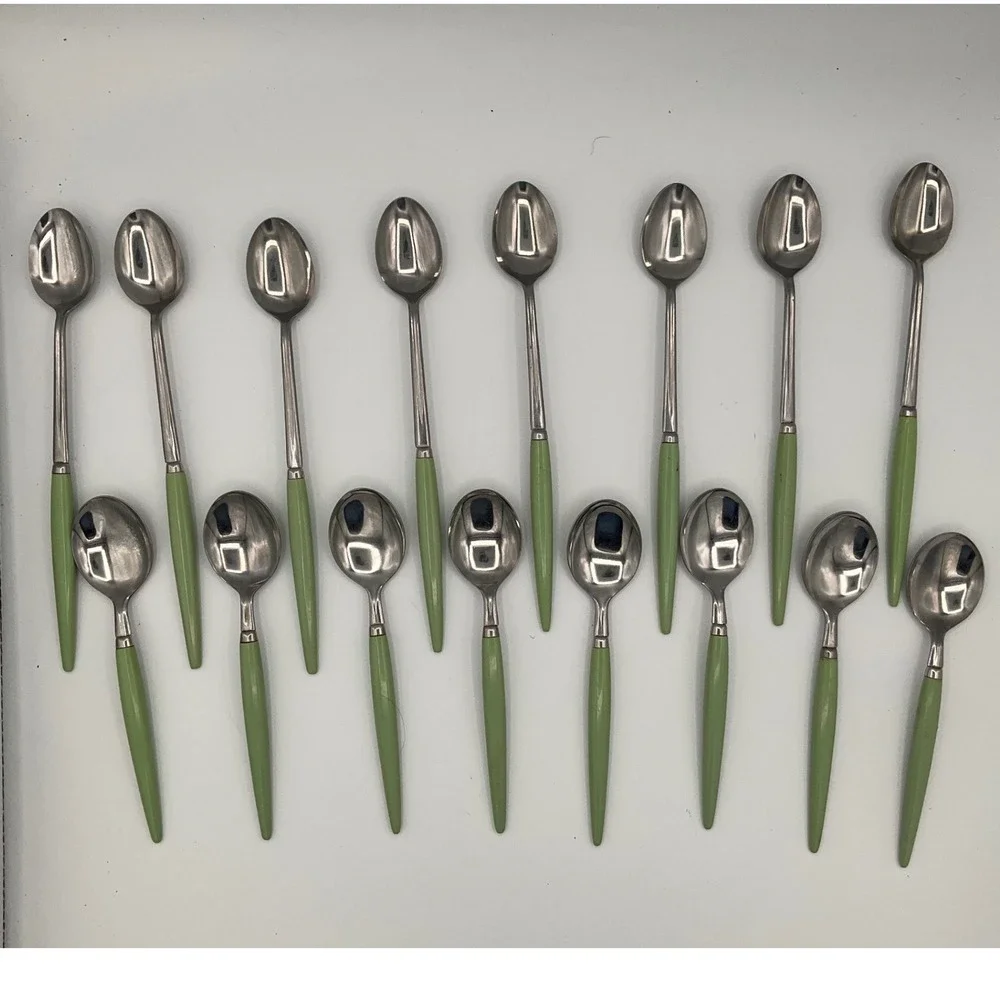 Vintage Castle Flatware Jade Green MCM Retro Iced Tea Spoons Table Spoons 16 PC